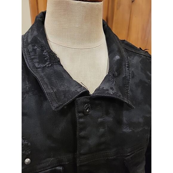 Mens Smoke Rise Distressed Denim Jacket With Patches Size XL Black Studded - Picture 11 of 16